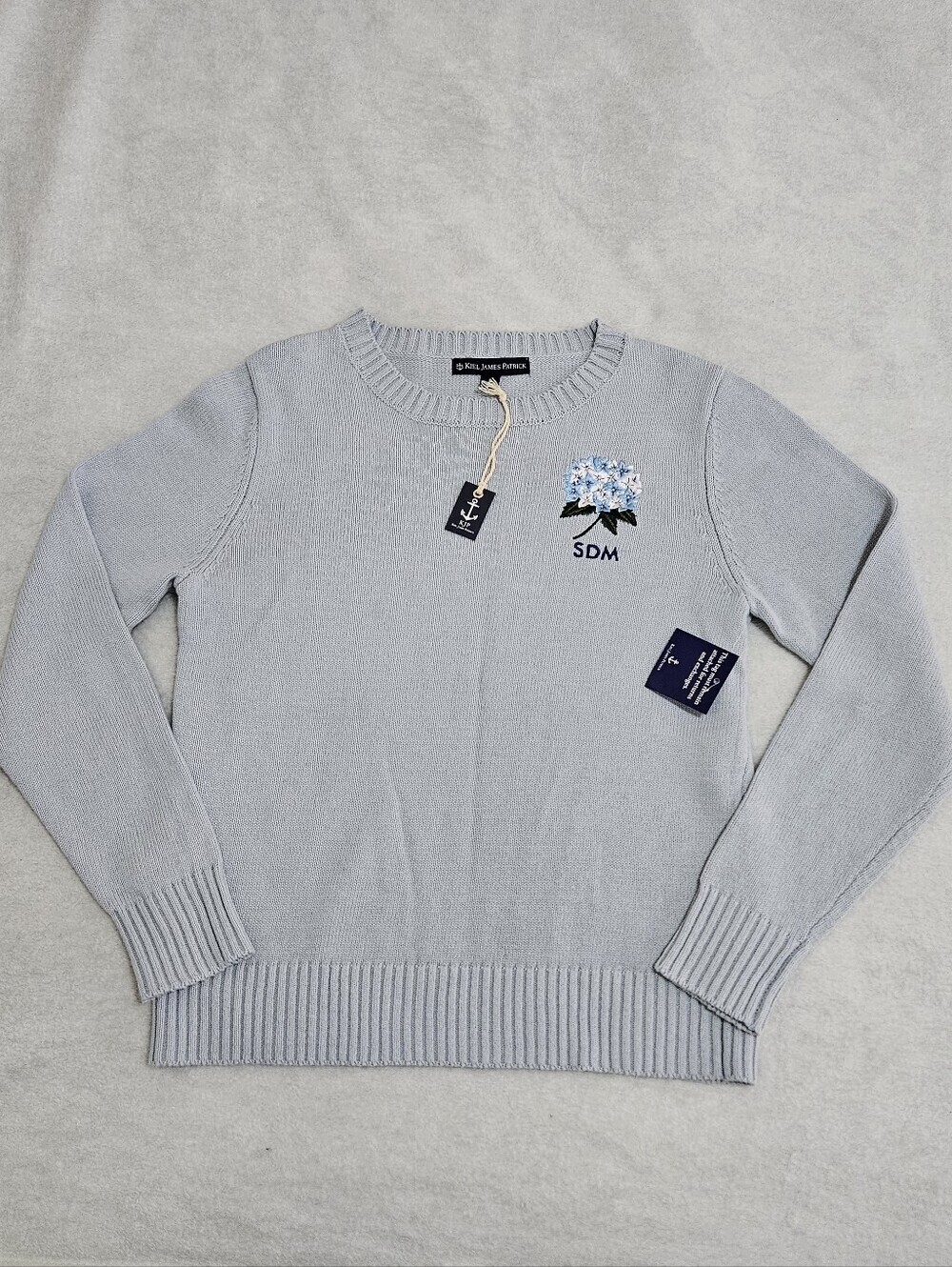NEW Kiel James Patrick Hydrangea Embroidered Monogram Sweater Size S - Picture 2 of 11
